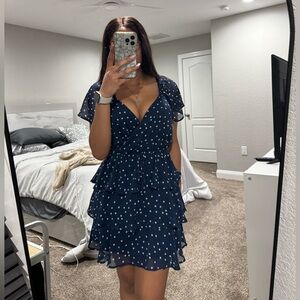 Trixxi clothing company navy blue white polka dot ruffle dress